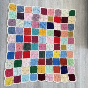 VTG Handmade GRANNY SQUARE Afghan 54" x 58" Multicolor Crochet Throw Blanket EUC